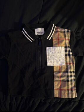 Burberry Black Polo with Classic Check Accent and White Patch